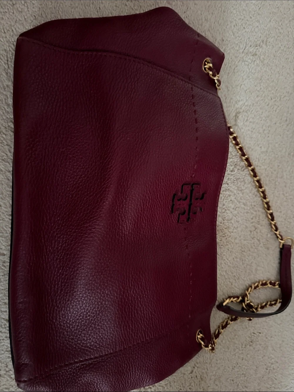 Tory Burch Wine Pebbled Leather Shoulder Bag with Gold Chain